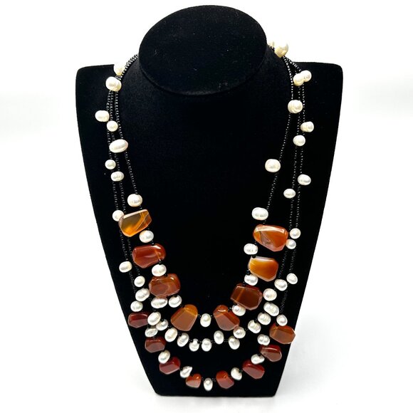 Vintage Three-Strand Carnelian & Cultured Pearl Necklace—Artisan Made — EUC - Picture 1 of 10